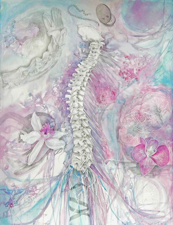 PRURIENT-APPARITION-spine-drawing-by-artist-Elizabeth-Reed-gold-point-pearls-orchids-kid-gloves-compact