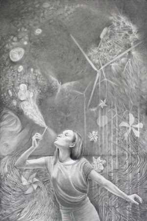 ZEPHYR, a tale about the breeze, a graphite drawing by artist Elizabeth Reed