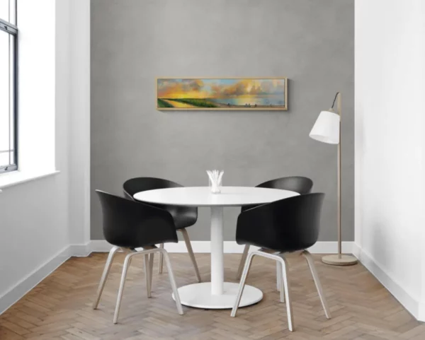 Eternity oil painting of Atlantic sunrise and Everglades sunset in a modern meeting room.