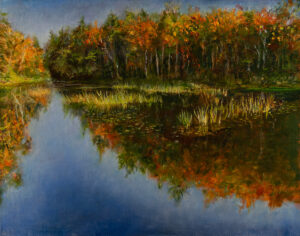 Pemaquid Flame, a Plein air and studio painting of raging autumn in Mid Coast Maine by artist Elizabeth Reed