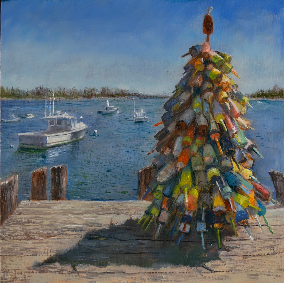 Harbor Tree is an oil painting of the community dock at Friendship ME by artist Elizabeth Reed