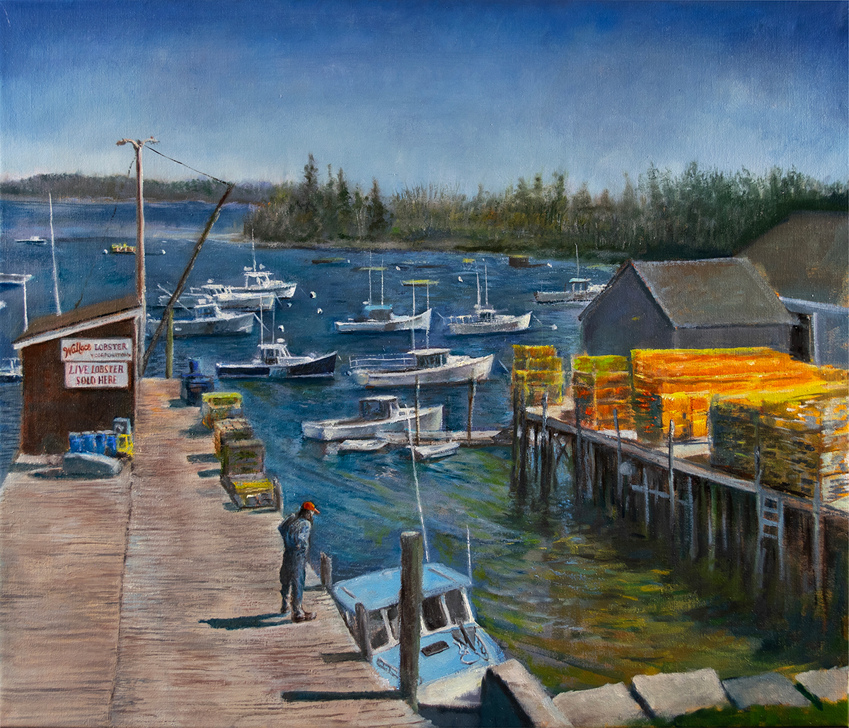 Live Lobster! 3 pm is an oil painting of Wallace Lobster Corporation dock at about 3 pm by artist Elizabeth Reed