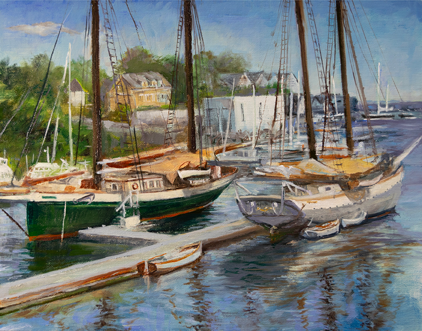 Oil painting of windjammers Angelique and Mary Day in Camden harbor by artist Elizabeth Reed