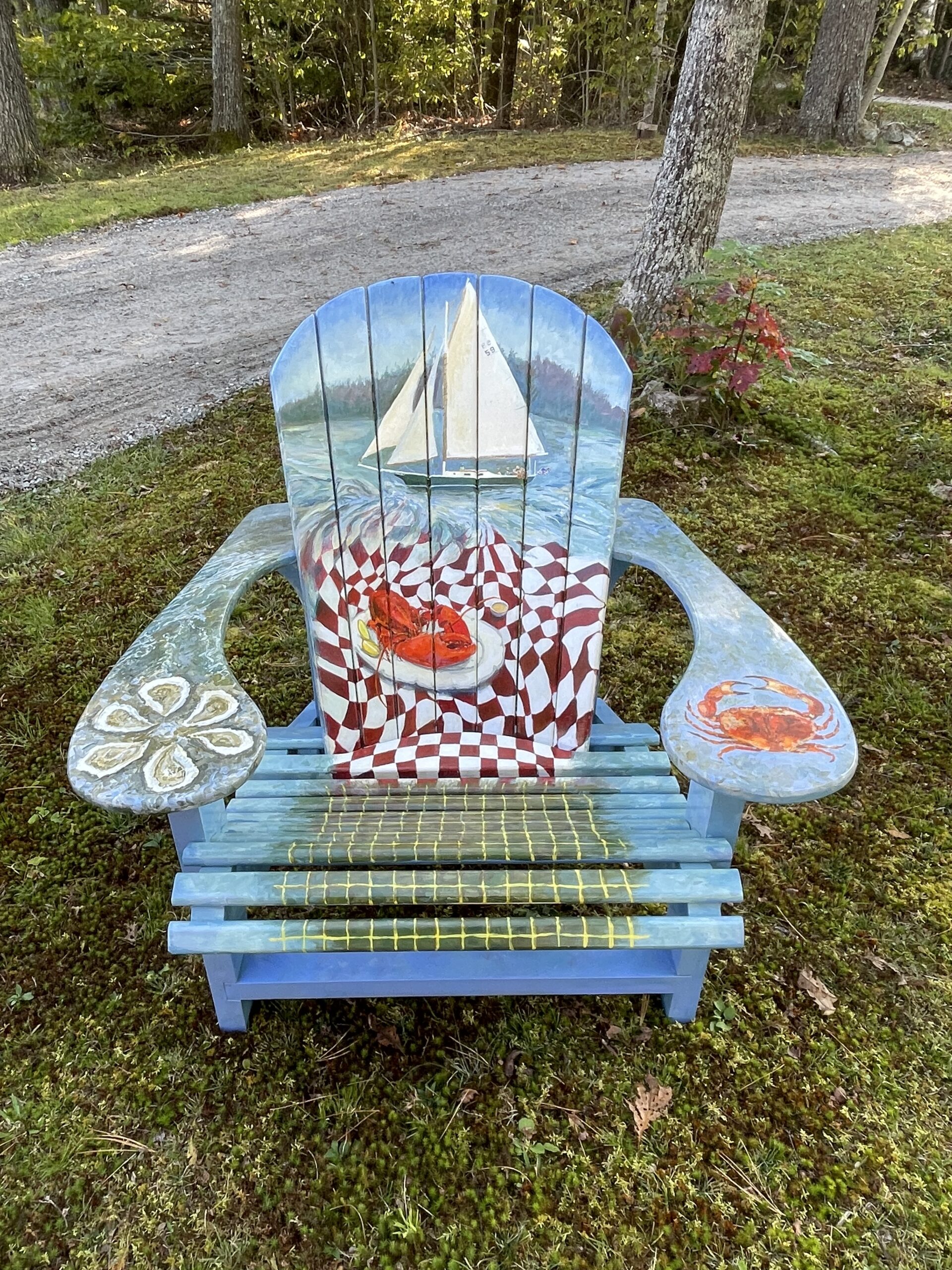 Lobster Party! Illustrated Adirondack Chair from Carpenters Boat Shop, Pemaquid ME by artist Elizabeth Reed