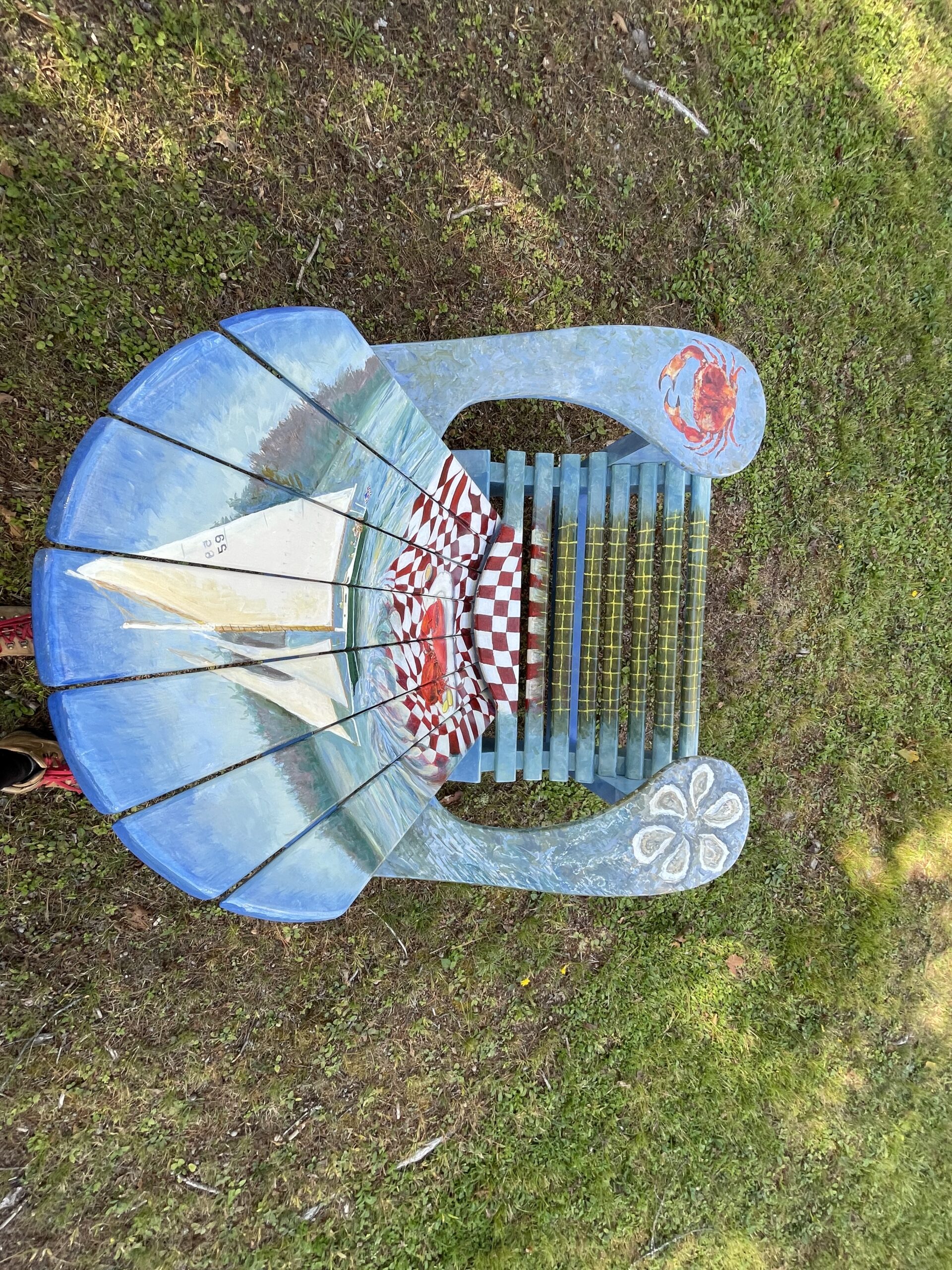 Lobster Party! Illustrated Adirondack Chair from Carpenters Boat Shop, Pemaquid ME by artist Elizabeth Reed