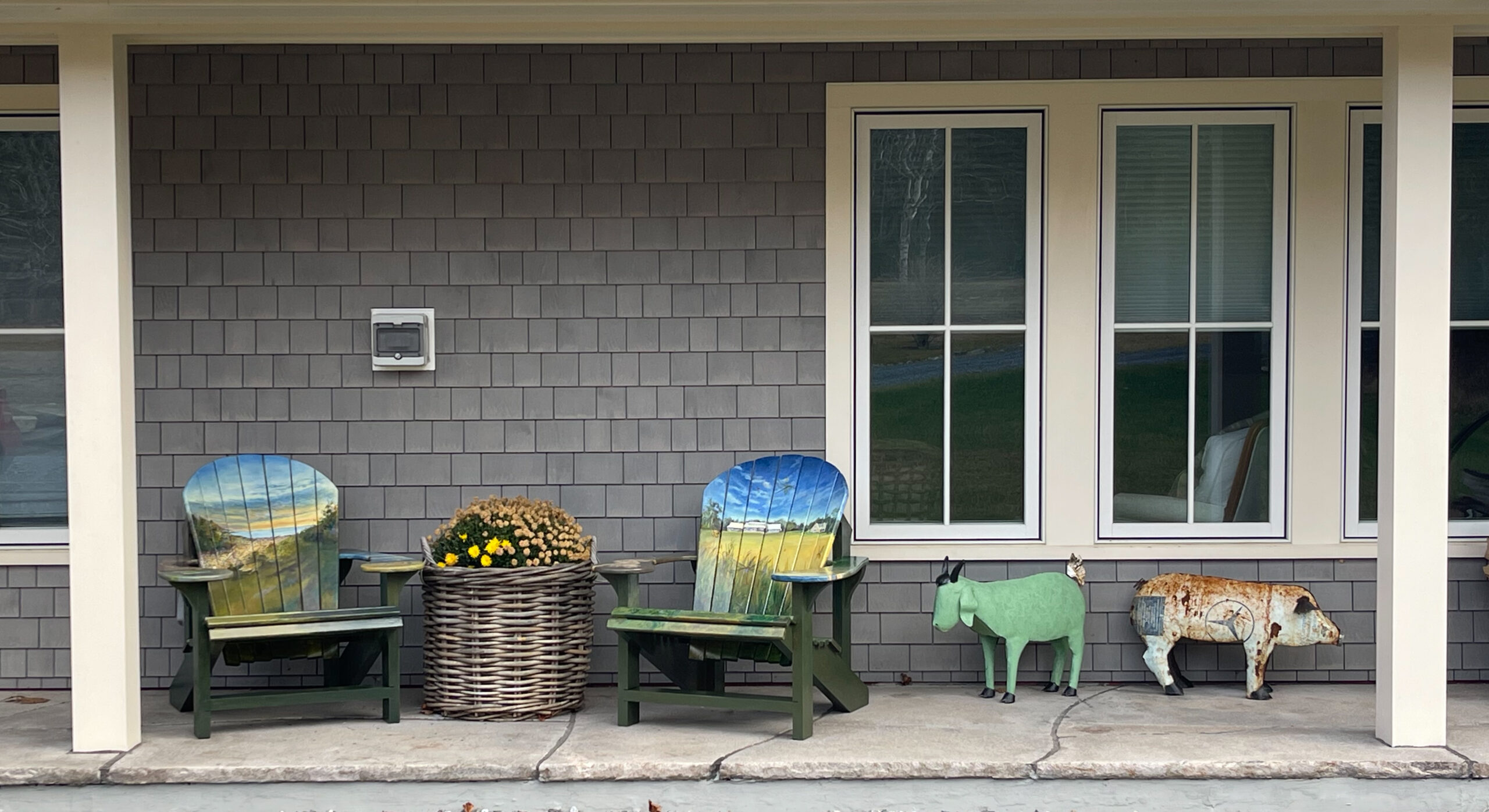 Illustrated Carpenters Boat Shop Adirondack Chairs for Anne DeBevoise and Alex Gibney by artist Elizabeth Elvart Reed.